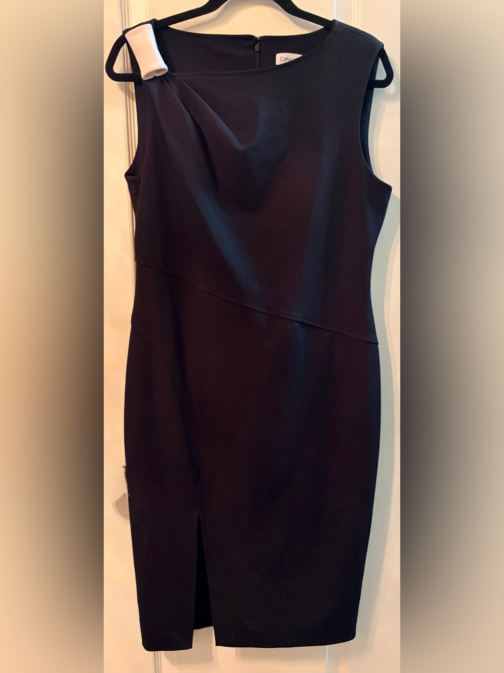 Calvin Klein Black Black Dress, White Shoulder Accent, Slanted Waistline, 12